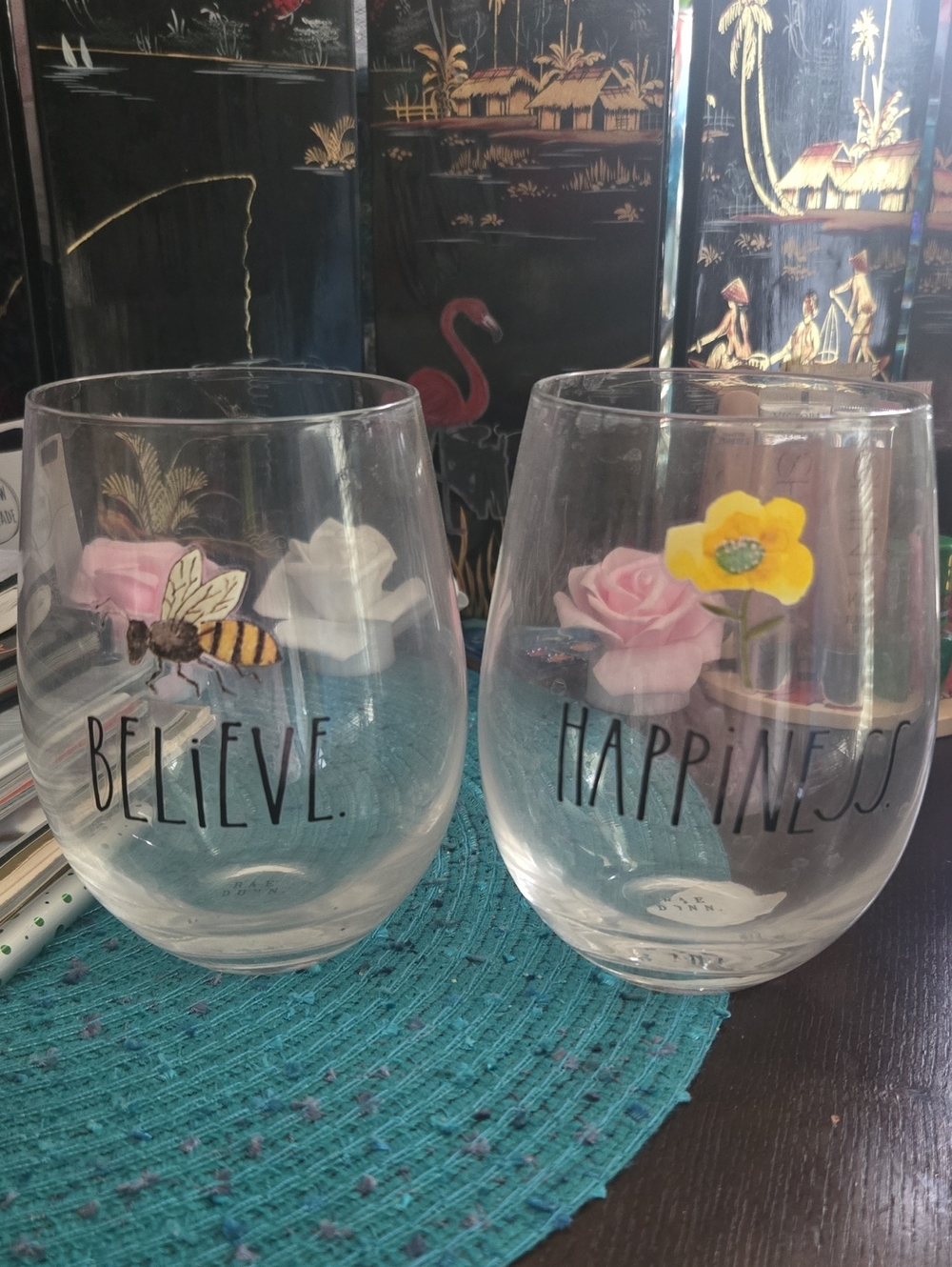 Rae Dunn Believe & Happiness Stemless Wine Glasses with Bee and Flower Accents